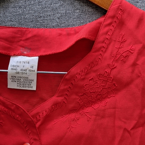 Vintage Red Embroidered Short Sleeve Button Down Blouse - Picture 8 of 16